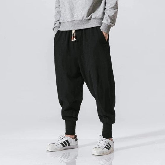 Cotton Linen Harem Pants Men Solid Elastic Waist Streetwear
